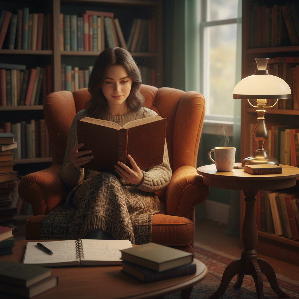 A person reading a book in a cozy, intellectual setting with a warm cup of coffee, surrounded by other books and maybe a notebook, symbolizing continuous learning, personal growth, and intellectual development. Focus on a calm, focused atmosphere.